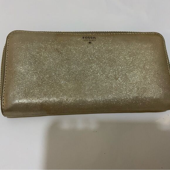 Fossil Gold Metallic Coated Leather Zip Around Wallet Clutch - Picture 2 of 10